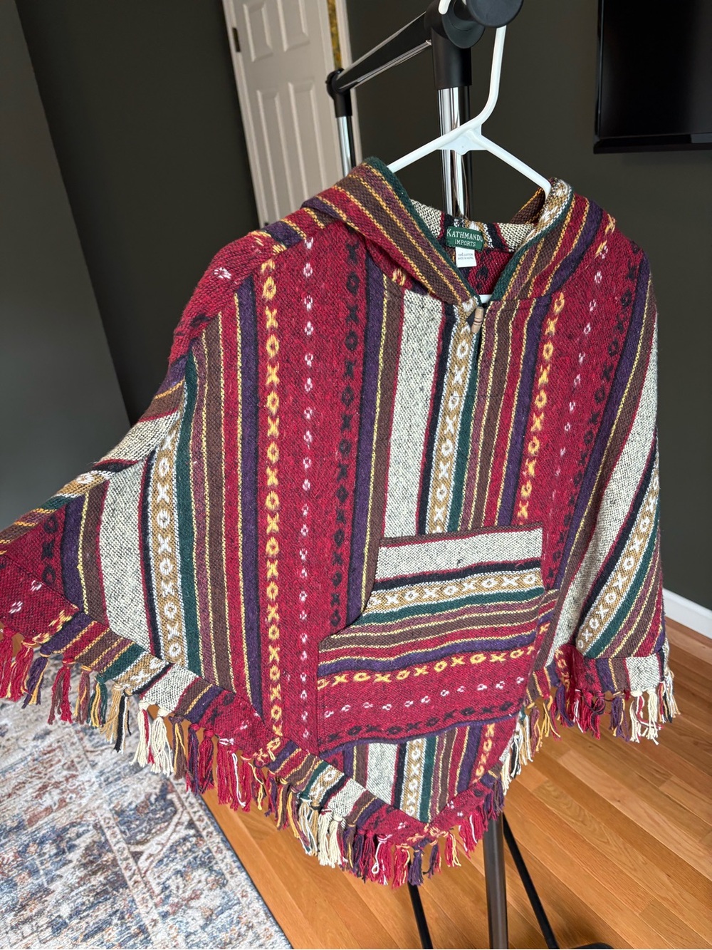 Kathmandu Burgundy Striped Hooded Poncho with Fringe